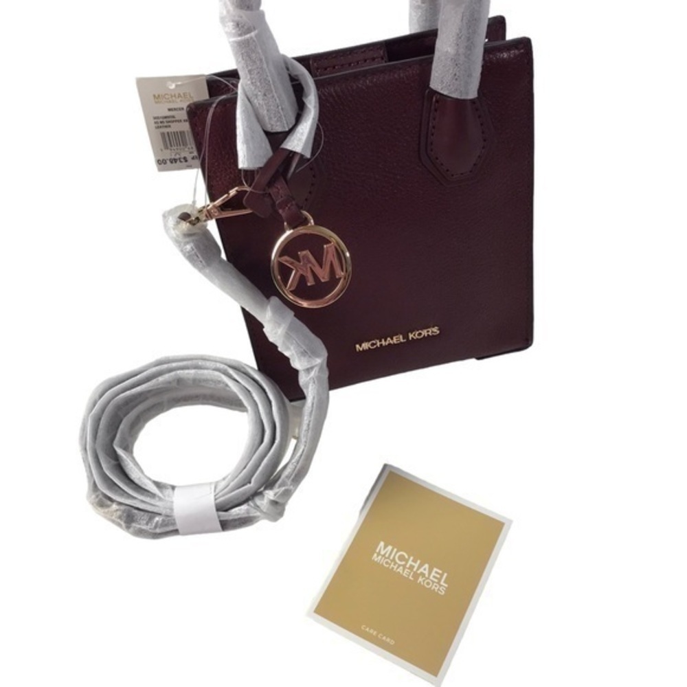 New Michael Kors Mercer Extra Small Crossbody Bag in Burgundy Pebbled Leather - Picture 3 of 12